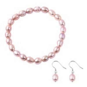 Freshwater Purple Pearl Stretch Bracelet and Earrings in Sterling Silver